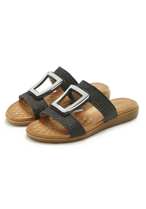 Bild: Pantolette von Vivance: VEGAN. Obermaterial aus Textil. Futter und Decksohle aus Lederimitat. Laufsohle aus Synthetik.