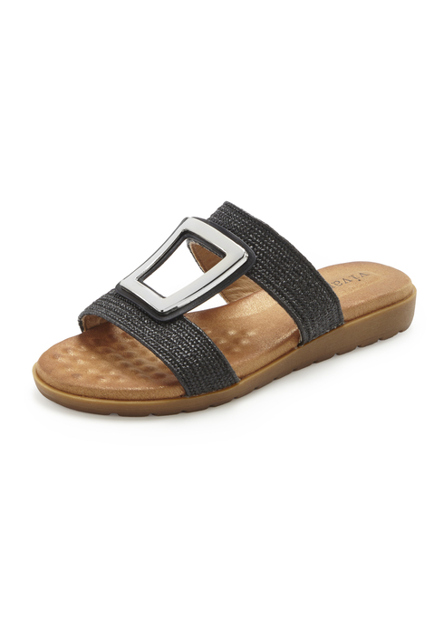 Bild: Pantolette von Vivance: VEGAN. Obermaterial aus Textil. Futter und Decksohle aus Lederimitat. Laufsohle aus Synthetik.