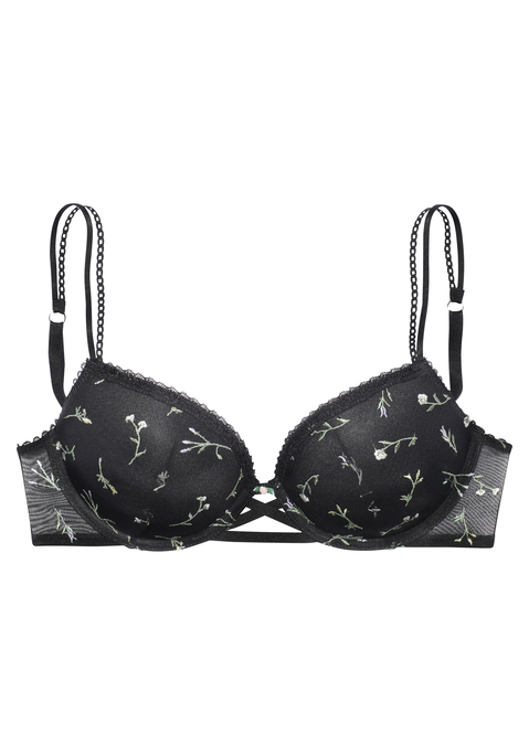 Bild: Push-up-BH von Vivance: Hübscher Push-up-BH mit edler Satinrose in der vorderen Mitte. Vorgeformte Cups mit integrierten Kissen - für ein traumhaftes Dekolleté. Cups mit Blumen aus feiner Stickereispitze verziert. Individuell verstellbare Schmuckträger sowie Rückenverschluss. Passende Unterteile aus der gleichen Serie erhältlich. Obermaterial: 56% Polyester, 38% Polyamid, 6% Elasthan.