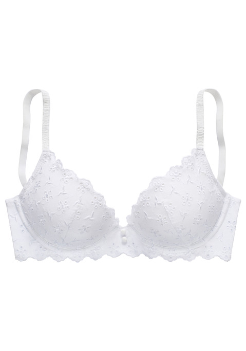 Bild: Push-up-BH von Vivance: Femininer Push-up-BH mit Bügel und edlen Zierknöpfchen in der vorderen Mitte. Aus weicher Baumwolle mit hübscher Lochstickerei. Cups mit integrierten und gleichzeitig herausnehmbaren Kissen. Individuell verstellbare Träger sowie Rückenverschluss. Passende Unterteile aus der gleichen Serie erhältlich. Aus 76% Baumwolle, 12% Polyester, 7% Polyamid, 5% Elasthan.