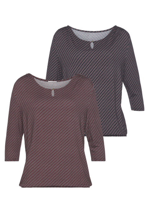 Bild: Rundhalsshirt von Vivance: Vivance Top mit modischen 3/4-Ärmeln im 2er-Pack. Rundhalsausschnitt mit kleiner Öffnung und goldfarbenen Knopf vorn. Gummizug am Bund für eine lässige Passform. Aus weich fließender Viskose-Elasthan-Qualität.