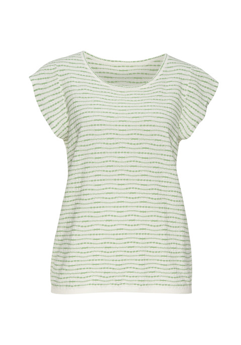 Bild: Rundhalsshirt von Vivance: Luftiges Strickshirt von Vivance mit kurzen Fügelärmeln. Garngefärbte Streifen in unregelmäßiger Optik und unifarbene Abschlüsse am Rundhalsausschnitt und am Bündchen. Gut kombinierbar. Material mit recyceltem Polyester.