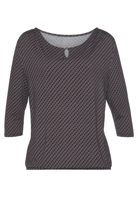 Bild: Rundhalsshirt von Vivance: Vivance Top mit modischen 3/4-Ärmeln. Rundhalsausschnitt mit kleiner Öffnung und goldfarbenen Knopf vorn. Gummizug am Bund für eine lässige Passform. Aus weich fließender Viskose-Elasthan-Qualität.