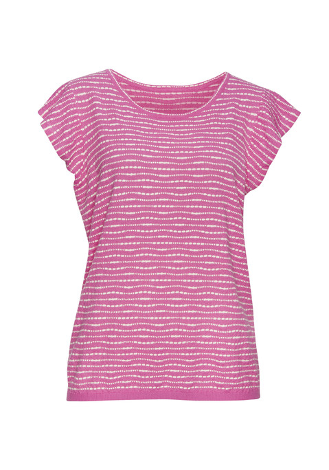 Bild: Rundhalsshirt von Vivance: Luftiges Strickshirt von Vivance mit kurzen Fügelärmeln. Garngefärbte Streifen in unregelmäßiger Optik und unifarbene Abschlüsse am Rundhalsausschnitt und am Bündchen. Gut kombinierbar. Material mit recyceltem Polyester.