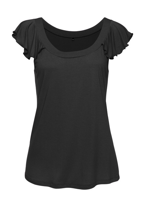 Bild: Rundhalsshirt von Vivance: Luftiges Shirt von Vivance. Ausschnitt mit breiter Blende. Kurze Flügelärmel mit Babylocksaum. Gerader Saum. Figurumspielende Passform. Angenehmer Viskosejersey mit weichem Griff.