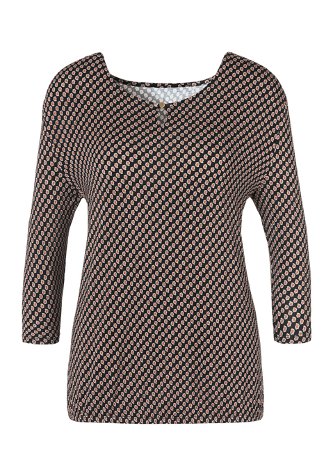 Bild: Rundhalsshirt von Vivance: Vivance 3/4-Arm-Shirt. Rundhalsausschnitt mit kleiner Öffnung und goldfarbenen Knopf vorn. Gummizug am Bund für eine lockere Passform. Aus weich fließender Viskose-Elasthan-Qualität.