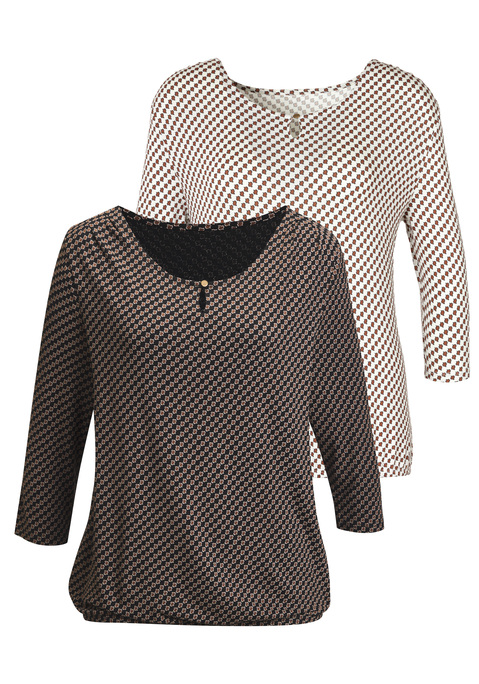 Bild: Rundhalsshirt von Vivance: Vivance-Shirt mit modischen 3/4-Ärmeln im 2er-Pack. Rundhalsausschnitt mit kleiner Öffnung und glänzendem Knopf vorn. Gummizug am Bund für eine lockere Passform. Vielseitig kombinierbar. Aus weich fließender Viskose-Elasthan-Qualität.