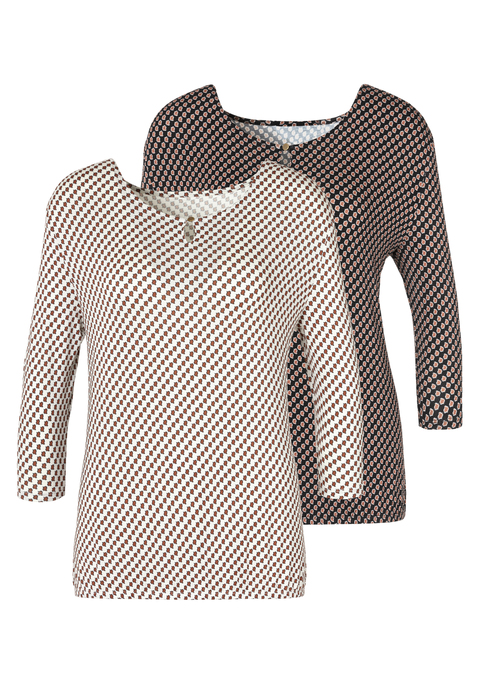 Bild: Rundhalsshirt von Vivance: Vivance Shirts mit modischen 3/4-Ärmeln im 2er-Pack. Rundhalsausschnitt mit kleiner Öffnung und goldfarbenen Knopf vorn. Gummizug am Bund für eine lockere Passform. Aus weich fließender Viskose-Elasthan-Qualität.