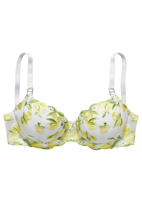 Bild: Schalen-BH von Vivance: Schalen-BH mit Bügel & feiner Zierschleife mit Glitzeraccessoire. Vorn mit sommerlicher Zitronen-Stickereispitze verziert. Rücken aus dezent transparentem fancy Mesh. Individuell verstellbare Träger sowie Rückenverschluss. Passendes Unterteil erhältlich, um dein Dessous-Set zu vervollständigen. Aus 85% Polyamid, 15% Elasthan.
