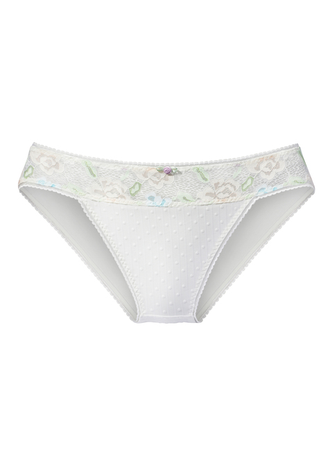 Bild: Slip von Vivance: Femininer Slip mit zarter Satinrose in der vorderen Mitte. Breiter Bund aus pastellfarbener, floraler Jacquardspitze. Vorne mittig aus blickdicht unterlegtem fancy Mesh und hinten aus weichem Microtouch. Mit eingearbeitetem Baumwollzwickel. Passender BH aus der gleichen Serie erhältlich. Aus 87% Polyamid, 13% Elasthan.