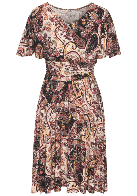 Bild: Sommerkleid von Vivance: Allover gemustertes Jerseykleid von Vivance. V-Ausschnitt. Kurze Flügelärmel. Modische Raffung in der Taille. Weiter Rock in Midilänge. Weiche Viskosequalität aus verbesserter Rohstoffbeschaffung.