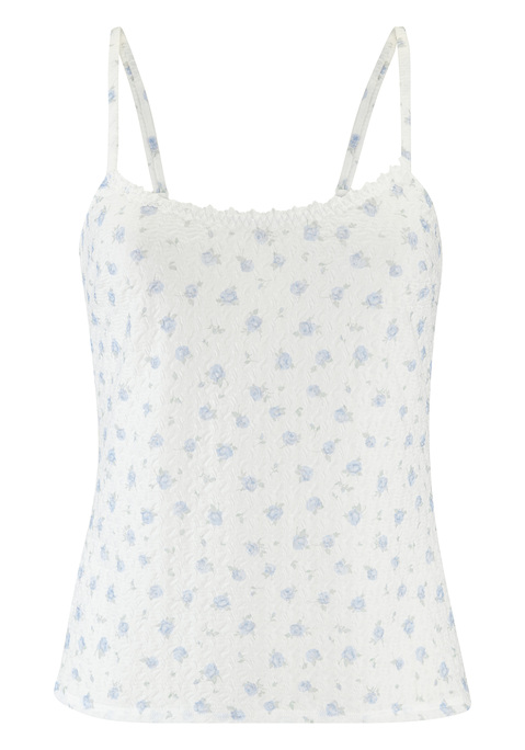 Bild: Spaghettitop von Vivance: Romantisches Top mit wunderschönem Blumenmuster. Aus softem Material mit feiner Struktur in dezent transparenter Optik. Mit zarter, floraler Spitzenborte am Dekolleté. Individuell verstellbare Träger. Passende Unterteile erhältlich, um dein Wäsche-Set zu vervollständigen. Aus 70% Polyamid, 30% Elasthan.