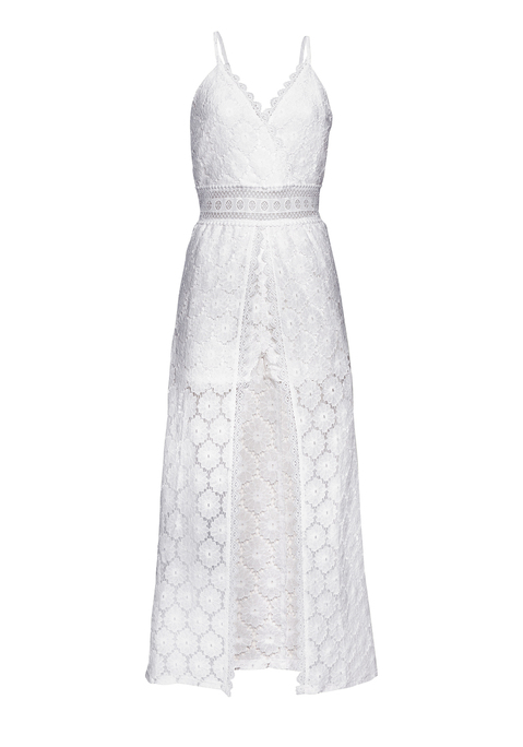 Bild: Spitzenkleid von Vivance: Geblümtes Spitzenkleid von Vivance. Tiefer V-Ausschnitt in Wickeloptik. Spaghettiträger zum Verstellen. Taille mit kontrastierendem Spitzeneinsatz. Aufspringender Rockteil in Maxilänge und mit integrierten Shorts. Figurumspielende Passform. Pflegeleichte Qualität.