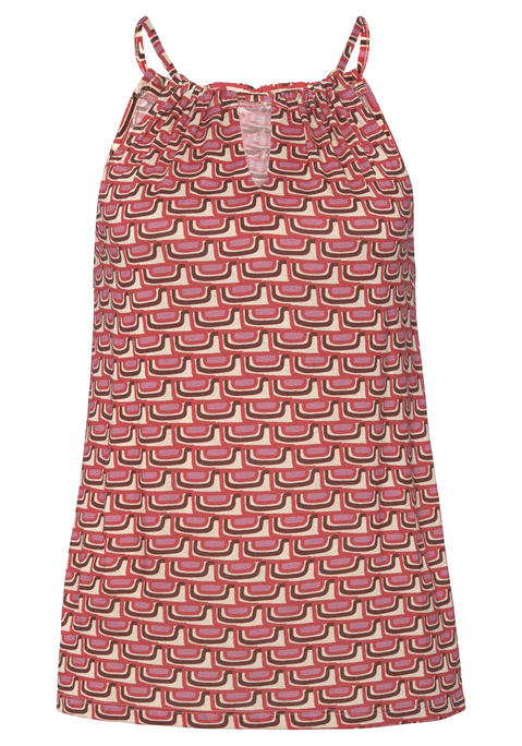 Bild: Strandtop von Vivance: Sommerliches Trägertop von Vivance mit Allovermuster im Retro-Design. Rundhalsausschnitt mit Raffung und Cut-out. Spaghettiträger. Zu verschiedenen Styles kombinierbar. Trageangenehme Qualität.