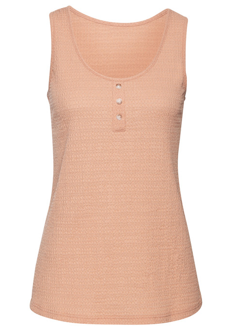 Bild: Strandtop von Vivance: Im praktischen 2er-Pack: Tanktop von Vivance. Mit kurzer Zierknopfleiste am Rundhalsausschnitt. Lässige Passform. Schön zu Shorts und Röcken. Aus strukturierter Crêpeware mit recyceltem Polyester.