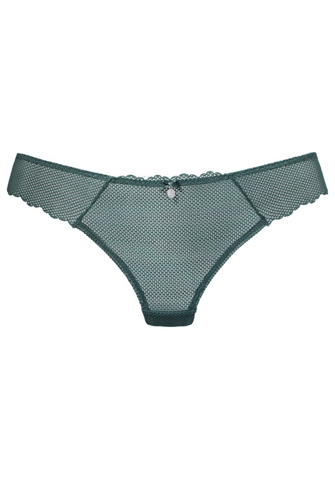 Bild: String von Vivance: Modischer String in dezent transparenter Optik. Rundherum aus elastischer Netzspitze. Mit feiner Zierschleife und hübschem Accessoire vorne mittig. Mit eingearbeitetem Baumwollzwickel. Passende BHs aus der gleichen Serie erhältlich. Aus 90% Polyamid, 10% Elasthan.