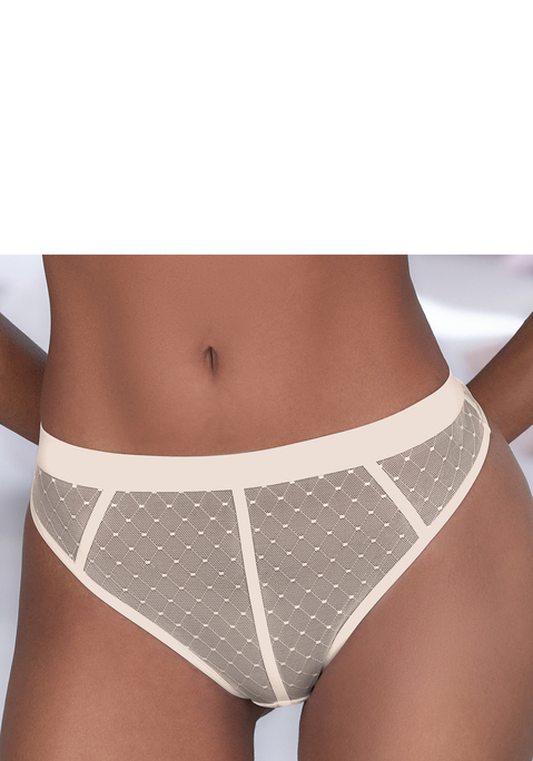 Bild: String von Vivance: Sexy String mit modischem Bund. Rundherum aus dezent transparentem Mesh in Pünktchen-Optik. Mit dekorativen Bändern im Vorderteil. Mit eingearbeitetem Baumwollzwickel. Passender BH aus der gleichen Serie erhältlich. Aus 90% Polyamid, 10% Elasthan.