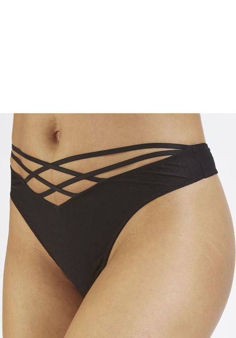 Bild: String von Vivance: Verspielter String mit hohen Beinausschnitten. Rundherum aus einem weichen Microtouch-Material. Mit verführerischem Bänderdetail vorne mittig. Mit eingearbeitetem Baumwollzwickel. Passende Corsage aus der gleichen Serie erhältlich. Obermaterial: 70% Polyamid, 30% Elasthan.