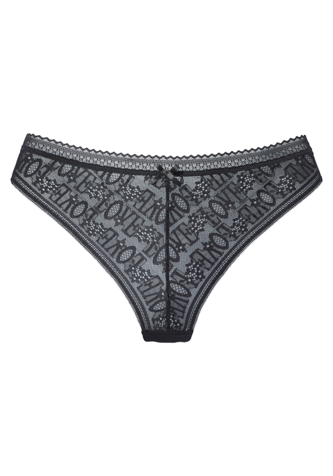 Bild: String von Vivance: Verspielter String mit hübscher Spitzenborte am Bund und verführerischem Cut-Out. Rundherum aus hübscher Spitze mit „LOVE“-Schriftzug und feinem Mesh. Mit feiner Zierschleife in der vorderen Mitte. Mit eingearbeitetem Baumwollzwickel. Aus 65% Polyamid, 25% Polyester, 10% Elasthan.