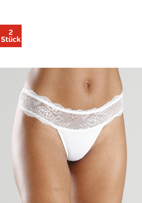 Bild: String von Vivance: Süßer String im attraktiven Doppelpack. Mit breitem Spitzenbündchen in blumiger Optik. Mit feiner Zierschleife in der vorderen Mitte. Unten und hinten aus Netzware. Mit eingearbeitetem Baumwollzwickel. Obermaterial: 90% Polyamid, 10% Elasthan.
