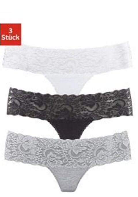Bild: String von Vivance: Verführerischer Spitzenstring im 3er-Pack von Vivance. Breites, elastisches Spitzenbündchen. Weiche Einfassungen am Beinausschnitt. Bequeme Stretchqualität.
