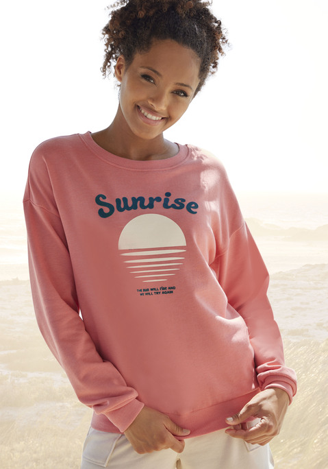Bild: Sweatshirt von Vivance: Sweatshirt von Vivance by Lascana mit Flockprint. Mit Rundhalsausschnitt und langen Ärmeln. Überschnittene Schulterpartie und gerippte Bündchen. Weicher Baumwollmix.