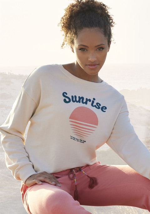 Bild: Sweatshirt von Vivance: Sweatshirt von Vivance by Lascana mit Flockprint. Mit Rundhalsausschnitt und langen Ärmeln. Überschnittene Schulterpartie und gerippte Bündchen. Weicher Baumwollmix.