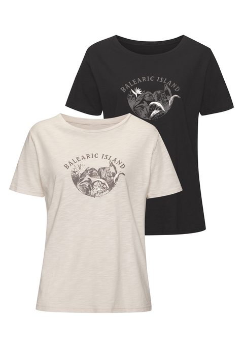 Bild: T-Shirt von Vivance: T-Shirt von Vivance im praktischen 2er-Pack. Mit goldglänzendem Foliendruck. Rundhalsausschnitt mit schmalem Bündchen. Figurumspielende Passform. Jersey aus Baumwolle.