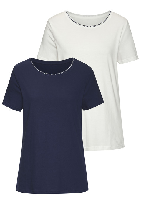 Bild: T-Shirt von Vivance: T-Shirt von Vivance im praktischen 2er-Pack. Rundhalsausschnitt mit Stickerei am schmalen Bündchen. Figurumspielende Passform. Weicher Jersey aus Baumwolle.
