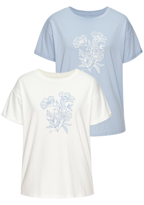 Bild: T-Shirt von Vivance: T-Shirt im 2er-Pack von Vivance. Mit floralem Print vorn. Rundhalsausschnitt. Überschnittene Schulter mit angesetztem Krempelärmel. Aus hochwertiger Bio-Baumwoll-Qualität.