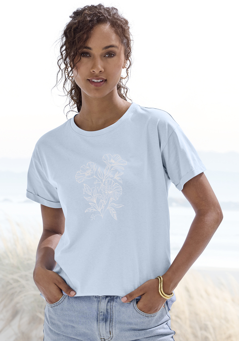 Bild: T-Shirt von Vivance: T-Shirt von Vivance. Floraler Print auf der Vorderseite. Rundhalsausschnitt. Überschnittene Schultern mit angesetzten Krempelärmeln. Aus hochwertiger Bio-Baumwolle.