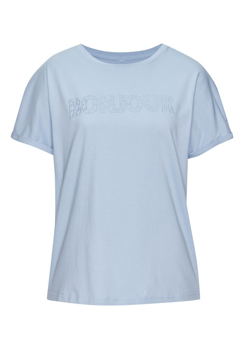 Bild: T-Shirt von Vivance: T-Shirt von Vivance mit Stickerei auf der Vorderseite. Rundhalsausschnitt. Überschnittene Schulter mit fixiertem Ärmelumschlag. Figurumspielende Passform. Für viele verschiedene Looks. Aus trageangenehmem Baumwolljersey.