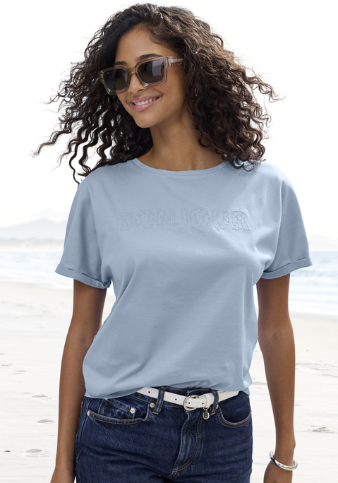 Bild: T-Shirt von Vivance: T-Shirt von Vivance mit Stickerei auf der Vorderseite. Rundhalsausschnitt. Überschnittene Schulter mit fixiertem Ärmelumschlag. Figurumspielende Passform. Für viele verschiedene Looks. Aus trageangenehmem Baumwolljersey.