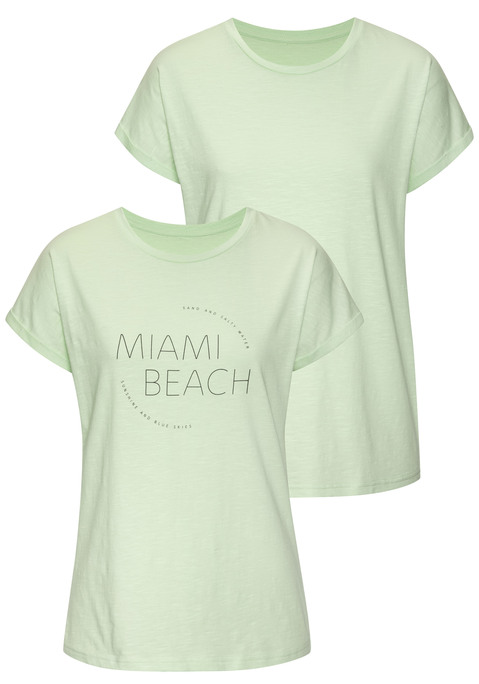 Bild: T-Shirt von Vivance: T-Shirt von Vivance im praktischen 2er-Pack. Mit und ohne Frontprint. Rundhalsausschnitt mit schmalem Bündchen. Kurze Ärmel mit fixiertem Umschlag. Figurumspielende Passform. Jersey aus Baumwolle.