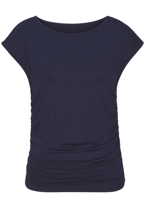 Bild: T-Shirt von Vivance: Modisches Basic-T-Shirt von Vivance mit hübscher seitlicher Raffung. Schmeichelnder U-Boot Ausschnitt. Leger und elastisch. Perfekt für Strand und Freizeit. Angenehm tragbar dank elastischem Single-Jersey. Weiche Viskosemischung.