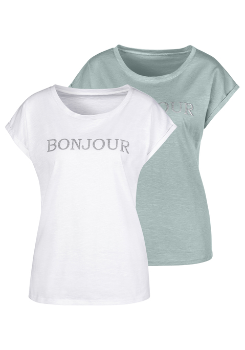 Bild: T-Shirt von Vivance: T-Shirt von Vivance im2er-Pack. Mit modischem Frontdruck "Bonjour". Mit fixiertem Ärmelumschlag. Leicht strukturierte Qualität aus 100% Baumwolle.