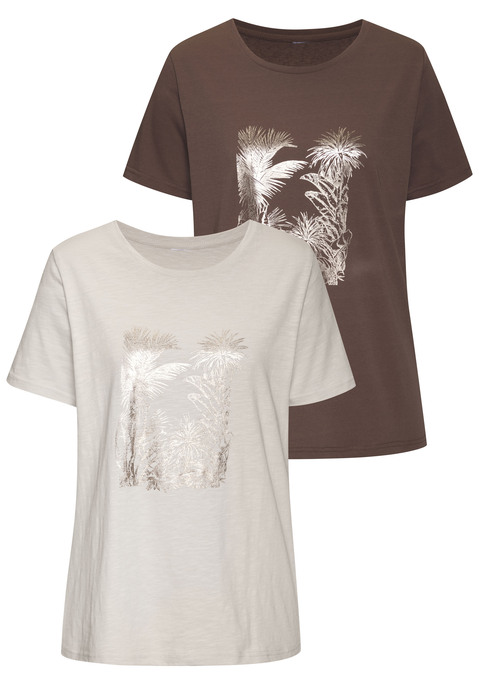 Bild: T-Shirt von Vivance: T-Shirt von Vivance im praktischen 2er-Pack. Mit goldglänzendem Foliendruck. Rundhalsausschnitt mit schmalem Bündchen. Figurumspielende Passform. Jersey aus Baumwolle.