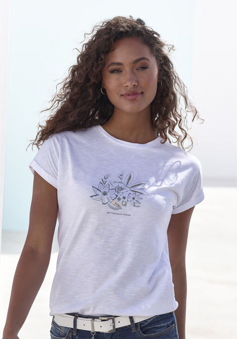 Bild: T-Shirt von Vivance: T-Shirt von Vivance mit modischem Frontprint. Rundhalsausschnitt mit schmalem Bündchen. Figurumspielende Passform. Flammgarnjersey aus Baumwolle.