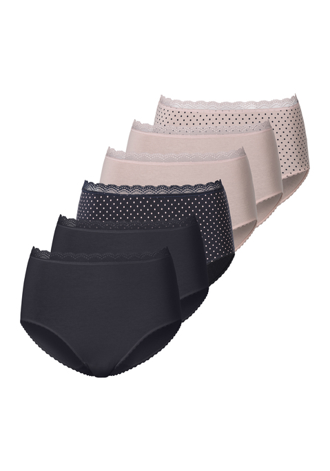 Bild: Taillenslip von Vivance: Bequemer Taillenslip von Vivance im 6er-Pack. Zweimal gepunktet, viermal unifarben. Hübsche Spitzenkante am Bund als kleiner Eyecatcher. Hoher Tragekomfort durch weiche, elastische Baumwollqualität.