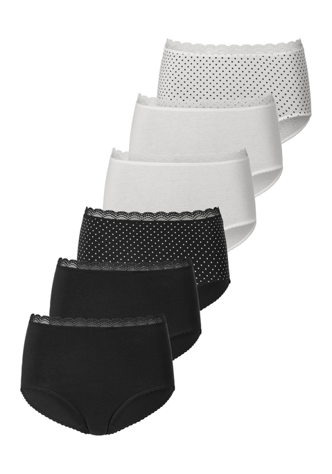 Bild: Taillenslip von Vivance: Bequemer Taillenslip von Vivance im 6er-Pack. Zweimal gepunktet, viermal unifarben. Hübsche Spitzenkante am Bund als kleiner Eyecatcher. Hoher Tragekomfort durch weiche, elastische Baumwollqualität.