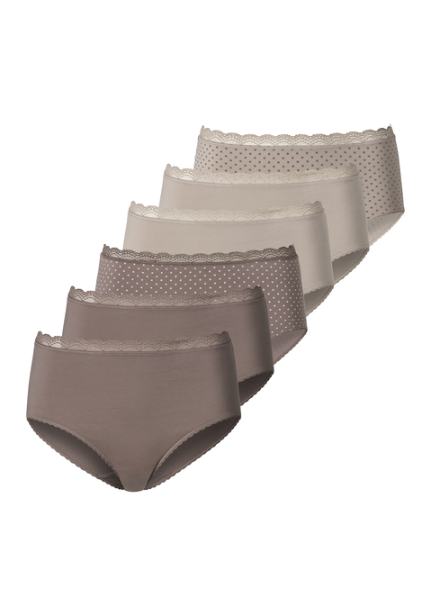 Bild: Taillenslip von Vivance: Bequemer Taillenslip von Vivance im 6er-Pack. Zweimal gepunktet, viermal unifarben. Hübsche Spitzenkante am Bund als kleiner Eyecatcher. Hoher Tragekomfort durch weiche, elastische Baumwollqualität.