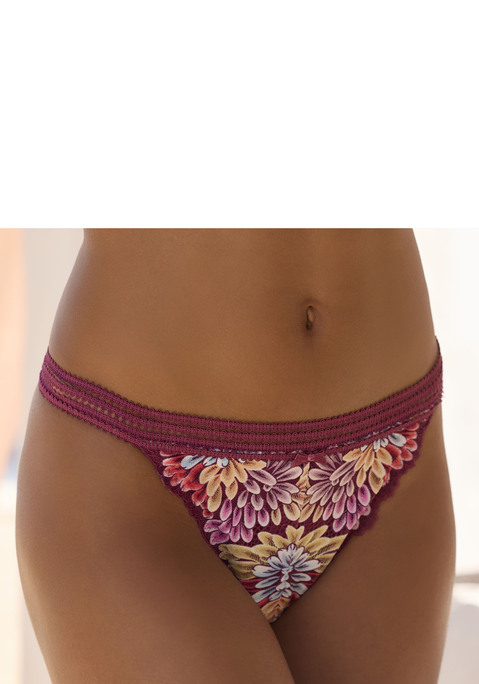 Bild: Tanga von Vivance: Femininer Tanga mit feiner Zierschleife vorne mittig. Rundherum aus bunter, blumiger Spitze. Mit einem hübschen, elastischen Zierbund. Mit eingearbeitetem Baumwollzwickel. Passender Push-up-BH aus der gleichen Serie erhältlich. Obermaterial: 91% Polyamid, 9% Elasthan.