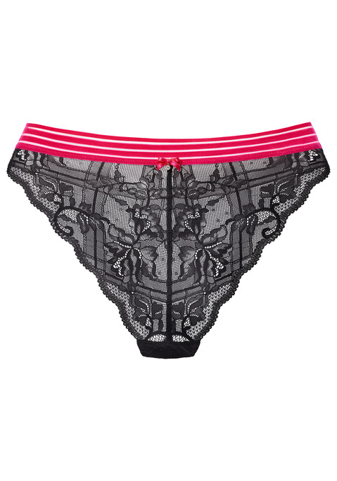 Bild: Tanga von Vivance: Verführerischer Tanga mit feiner Zierschleife und Glitzeraccessoire vorne mittig. Rundherum aus elastischer Spitze in blumiger Optik. Mit einem modischen Bund in angesagten Kontrastfarben. Mit eingearbeitetem Baumwollzwickel. Passende BHs aus der gleichen Serie erhältlich. Aus 88% Polyamid, 12% Elasthan.