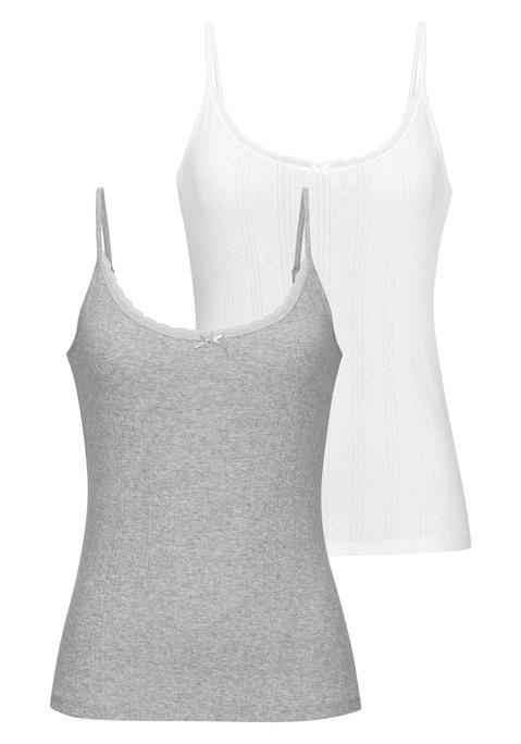 Bild: Unterhemd von Vivance: Stilvolles Spaghettitop von Vivance im 2er-Pack. Aus feinem Pointelle-Strick. Mit zarter Spitze und Schleife am angedeuteten V-Ausschnitt. Hochwertige, weiche Baumwoll-Qualität.