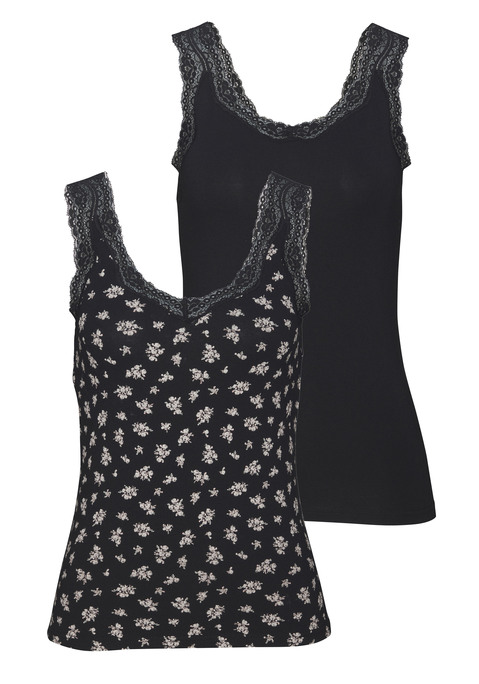 Bild: Unterhemd von Vivance: Unterhemd von Vivance im praktischen 2er-Pack, 1x unifarben und 1x mit Allover-Blumenmuster. Zarte Spitzenkante an Trägern und Ausschnitt. Weicher, elastischer Baumwoll-Jersey.