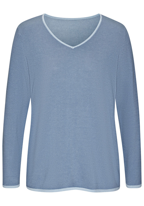 Bild: V-Ausschnitt-Pullover von Vivance: Bequemer Strickpullover von Vivance. V-Ausschnitt und gerader Saum mit Kontrastkante. Figurumspielende Passform. Vielseitig kombinierbar. Weiche Strickqualität mit Viskoseanteil.