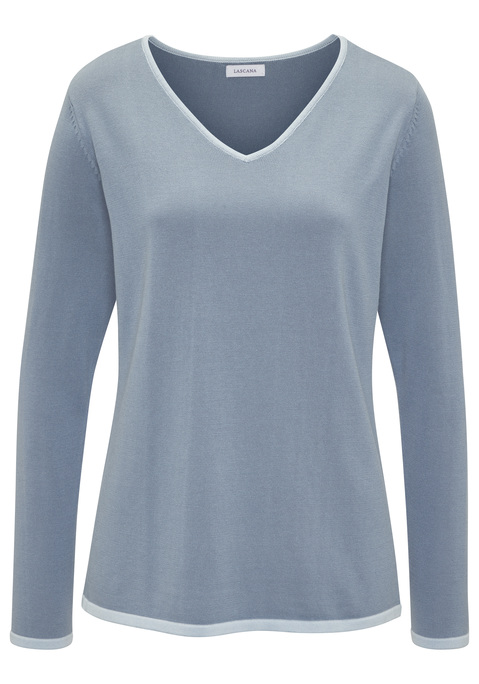 Bild: V-Ausschnitt-Pullover von Vivance: Unifarbener V-Ausschnitt-Pullover von Vivance mit Kontrastkanten an Ausschnitt und Bündchen. Hüftlange, gerade Passform. Sehr schön zu Jeans und langen Röcken. Weicher Feinstrick mit Viskoseanteil.