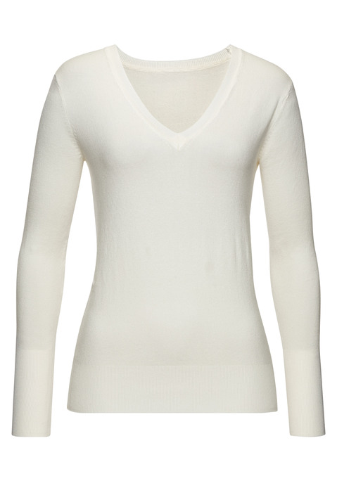 Bild: V-Ausschnitt-Pullover von Vivance: Pullover von VIVANCE mit tiefem V-Ausschnitt und langen, schmalen Ärmeln. Rippbündchen an den Abschlüssen. Länge ca. 60 cm. Nachhaltige Qualität aus 83% Viskose, 15% Polyamid, 2% Elasthan.