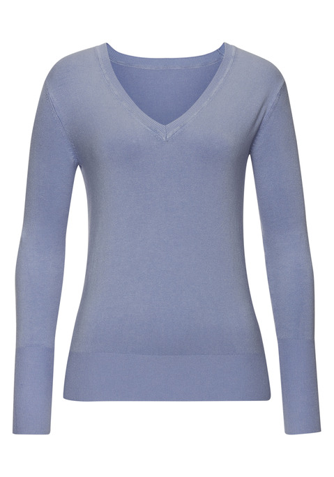 Bild: V-Ausschnitt-Pullover von Vivance: Pullover von VIVANCE mit tiefem V-Ausschnitt und langen, schmalen Ärmeln. Rippbündchen an den Abschlüssen. Länge ca. 60 cm. Nachhaltige Qualität aus 83% Viskose, 15% Polyamid, 2% Elasthan.