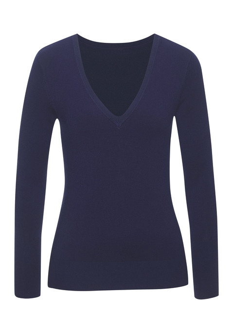 Bild: V-Ausschnitt-Pullover von Vivance: Pullover von VIVANCE mit tiefem V-Ausschnitt und langen, schmalen Ärmeln. Rippbündchen an den Abschlüssen. Länge ca. 60 cm. Nachhaltige Qualität aus 83% Viskose, 15% Polyamid, 2% Elasthan.